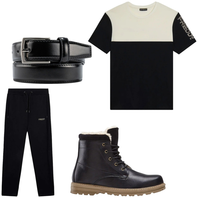 Outfit uomo - Sportivo. Stile Trendy per Tutti i giorni. Abbinamento con stivali e stivaletti, pantaloni, t-shirt, cinture.