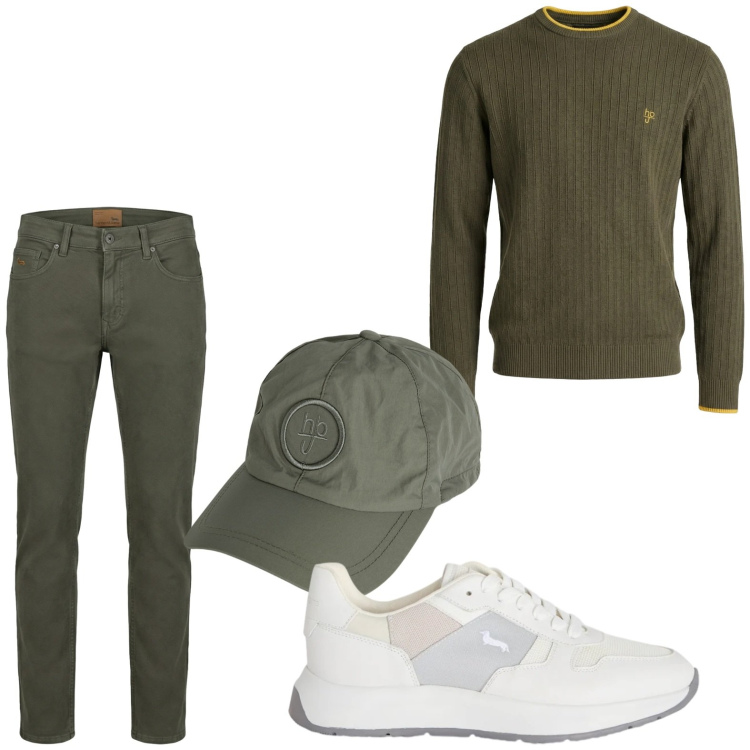 Outfit uomo - Military. Stile Trendy per Tutti i giorni. Abbinamento con cappelli, sneakers, pantaloni, maglieria.