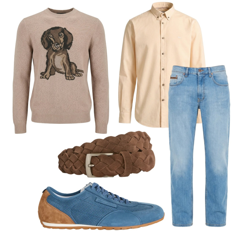 Outfit uomo - Il maglione con stampa. Stile Trendy per Tutti i giorni. Abbinamento con jeans, sneakers, cinture, camicie, maglieria.