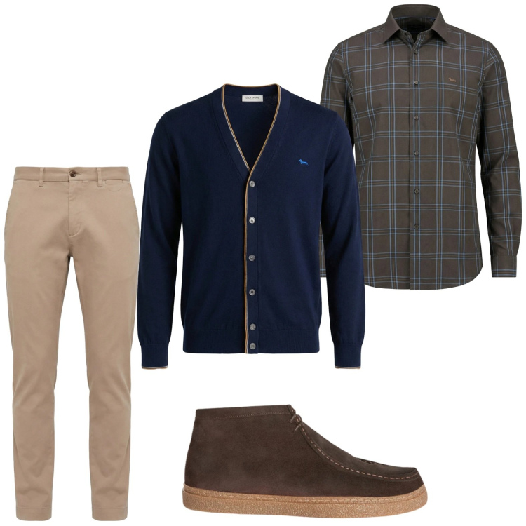 Outfit uomo - Trendy. Stile Trendy per Tutti i giorni. Abbinamento con camicie, stivali e stivaletti, cardigans, pantaloni chino.