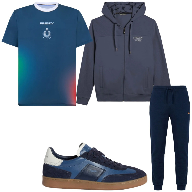 Outfit uomo - Sportivo. Stile Trendy per Tutti i giorni. Abbinamento con sneakers, pantaloni, t-shirt, felpe con cappuccio.