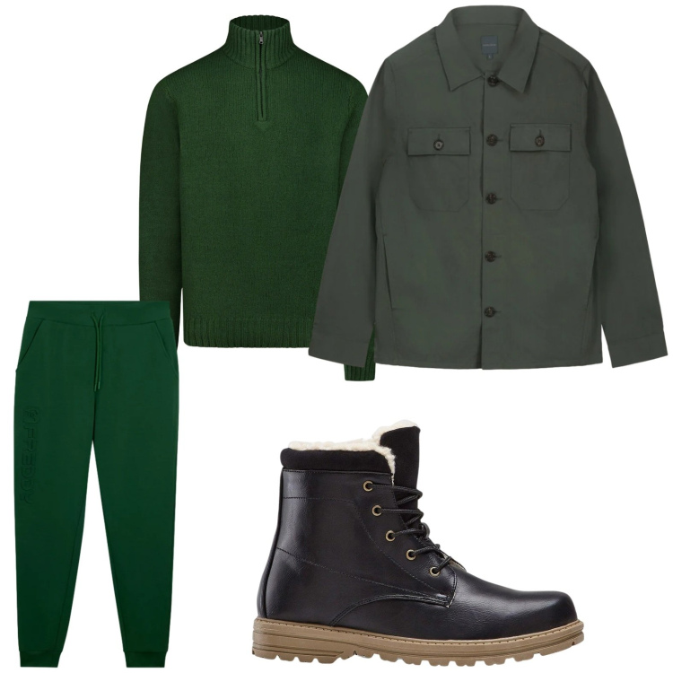 Outfit uomo - Toni del verde. Stile Trendy per Tutti i giorni. Abbinamento con stivali e stivaletti, pantaloni, maglieria, cappotti.