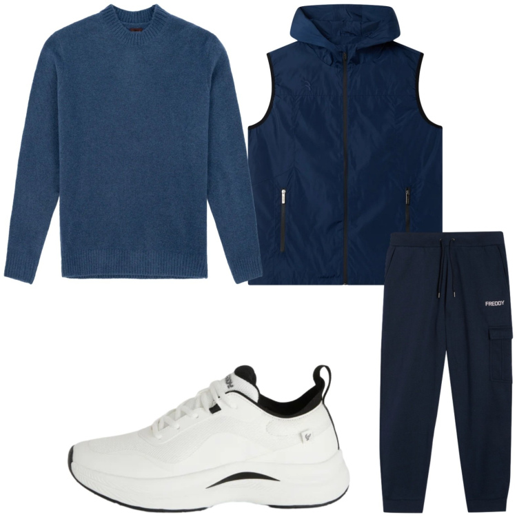 Outfit uomo - Toni del blu. Stile Casual per Tutti i giorni. Abbinamento con sneakers, pantaloni cargo, piumini, maglieria.