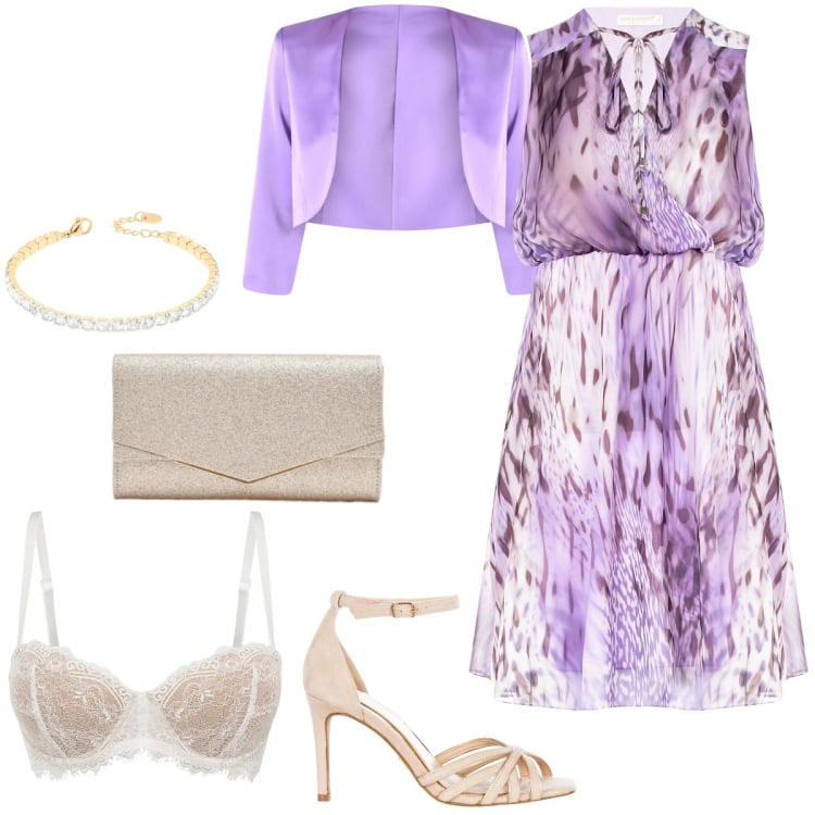 Outfit donna - Cerimonia a primavera per invitate. Stile Chic per Cerimonia. Abbinamento con reggiseni a balconcino, clutch, vestiti senza maniche, bolero, sandali col tacco, braccialetti.