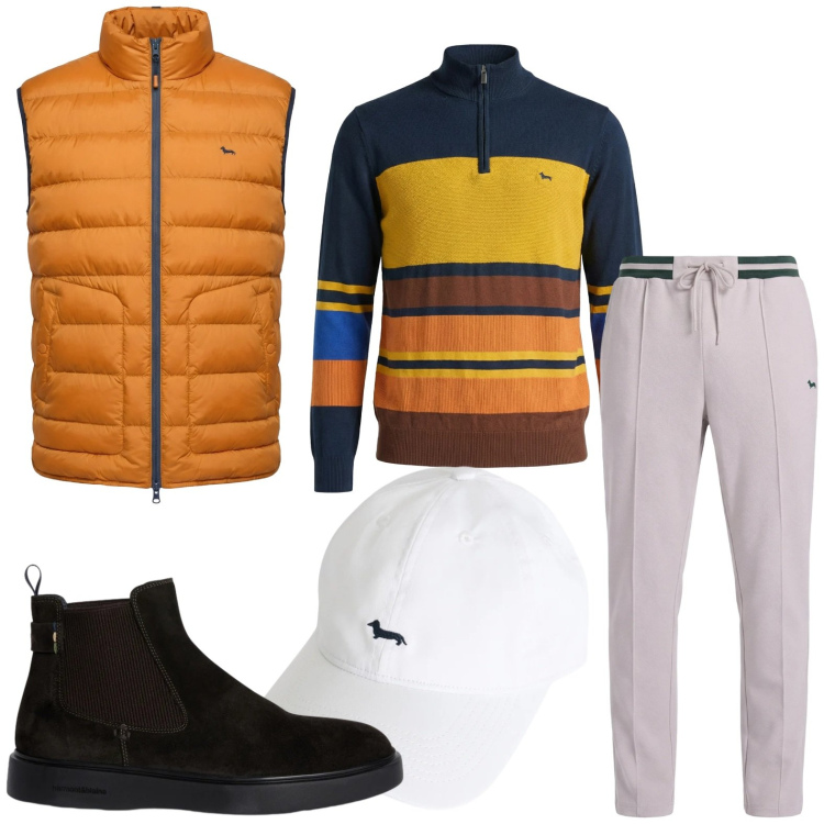 Outfit uomo - Colori vivaci. Stile Casual per Tutti i giorni. Abbinamento con cappelli, pullovers, stivali e stivaletti, piumini, pantaloni.
