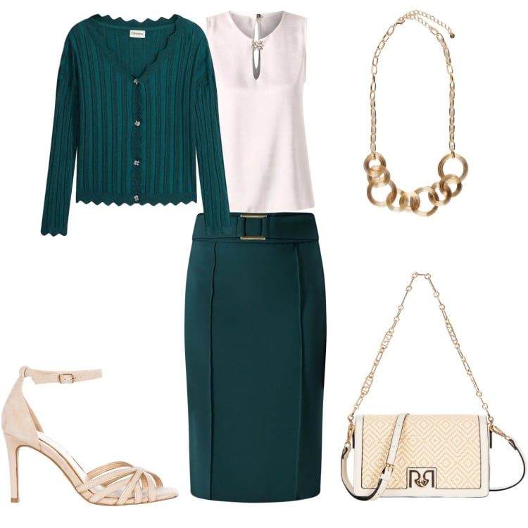 Outfit donna - Serata chic. Stile Casual chic per Serata fuori. Abbinamento con cardigans, collane, gonne, sandali col tacco, borse a tracolla, top.