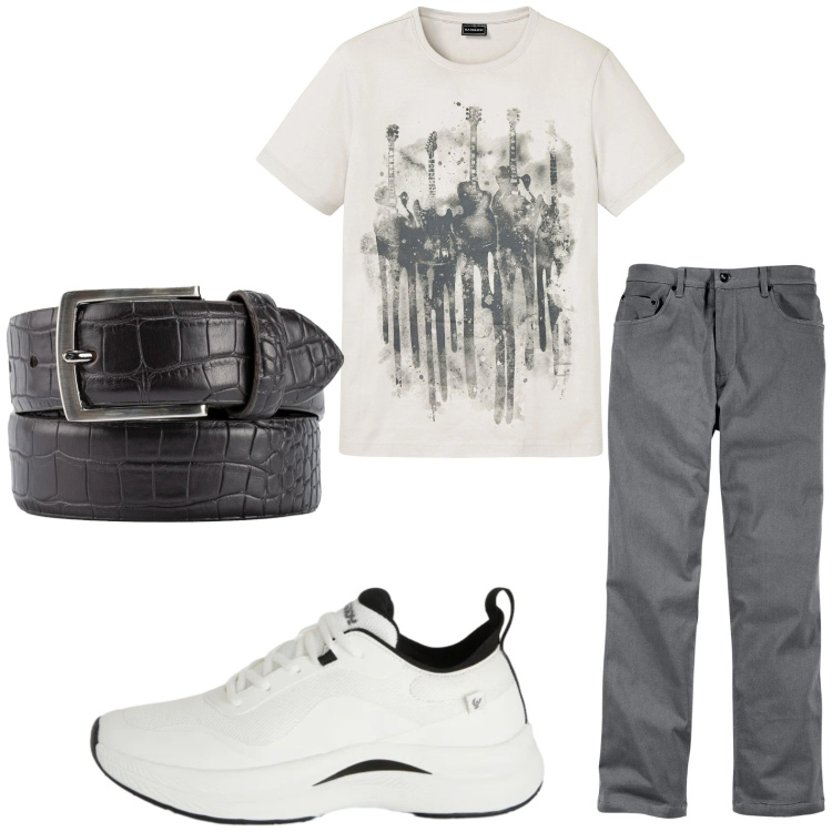 Outfit uomo - Semplice. Stile Trendy per Tutti i giorni. Abbinamento con pantaloni, t-shirt, sneakers, cinture.