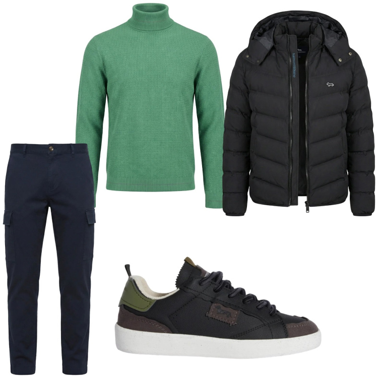 Outfit uomo - Urban. Stile Urban per Tutti i giorni. Abbinamento con sneakers, pantaloni cargo, piumini, maglieria.