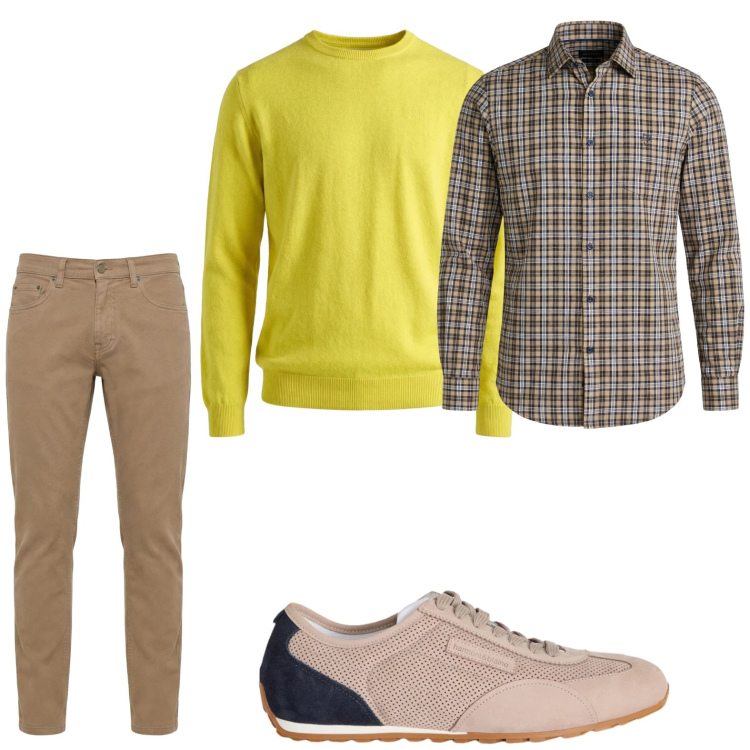 Outfit uomo - Un tocco di giallo. Stile Trendy per Tutti i giorni. Abbinamento con camicie, maglieria, sneakers, pantaloni.