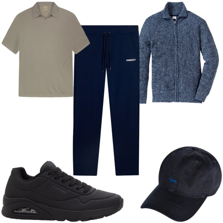 Outfit uomo - Total look #2348666. Stile Casual per Tutti i giorni. Abbinamento con cardigans, sneakers, cappelli con visiera, pantaloni sportivi, polo.