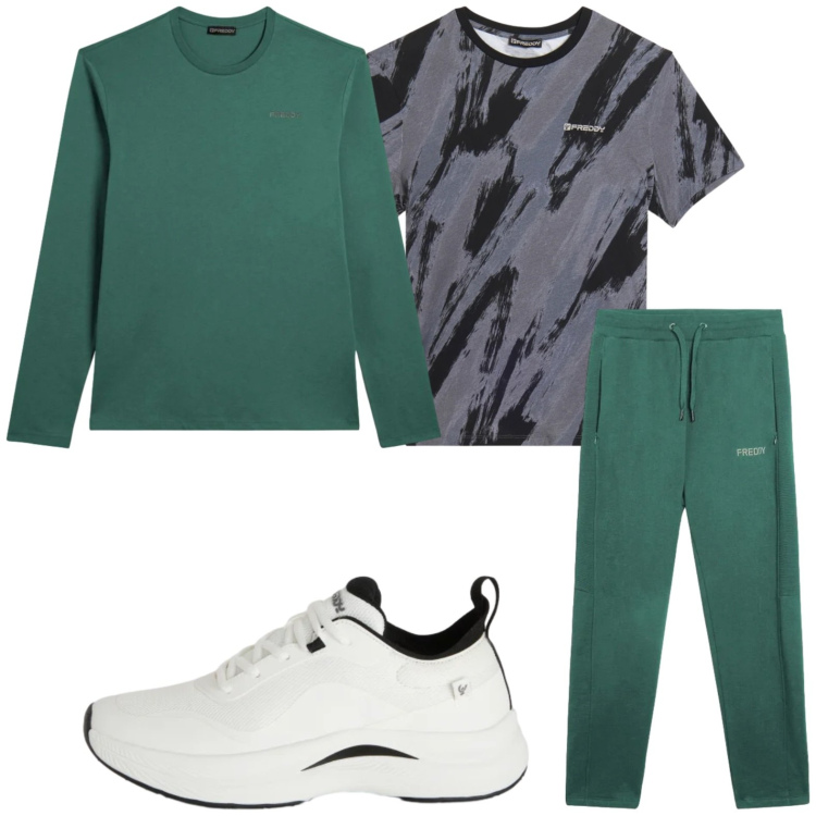 Outfit uomo - Sportivo. Stile Trendy per Tutti i giorni. Abbinamento con sneakers, pantaloni, t-shirt, t-shirt.
