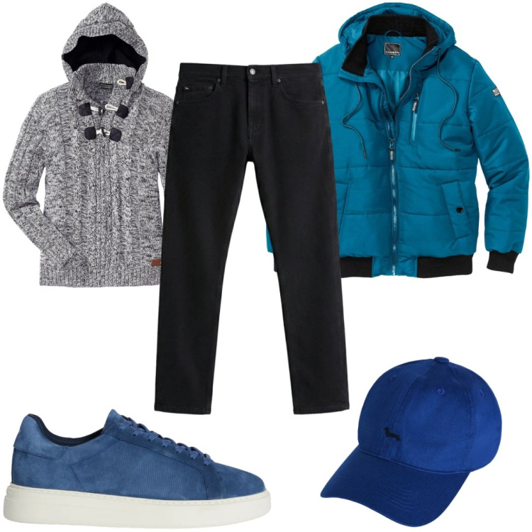 Outfit uomo - Total look #2348673. Stile Casual per Tutti i giorni. Abbinamento con maglieria, bomber, jeans, sneakers, cappelli con visiera.
