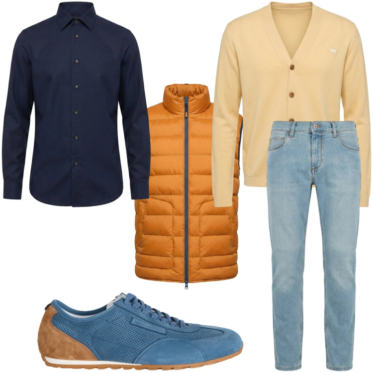 Outfit uomo - Stile vivace. Stile Trendy per Tutti i giorni. Abbinamento con jeans slim fit, sneakers, cardigans, piumini, camicie.