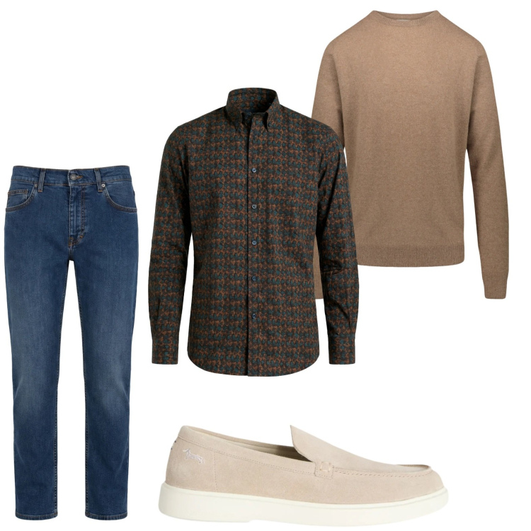 Outfit uomo - Casual. Stile Casual per Tutti i giorni. Abbinamento con jeans, camicie, scarpe stringate, maglieria.