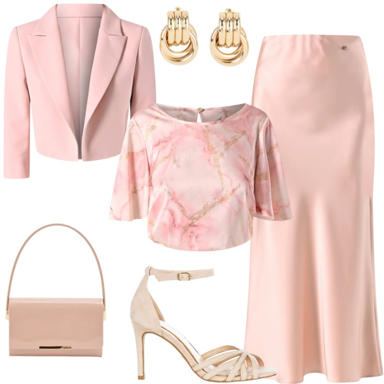 Outfit donna - Tonalità soft. Stile Chic per Cerimonia. Abbinamento con orecchini, pochette, blazer, sandali col tacco, gonne, bluse.