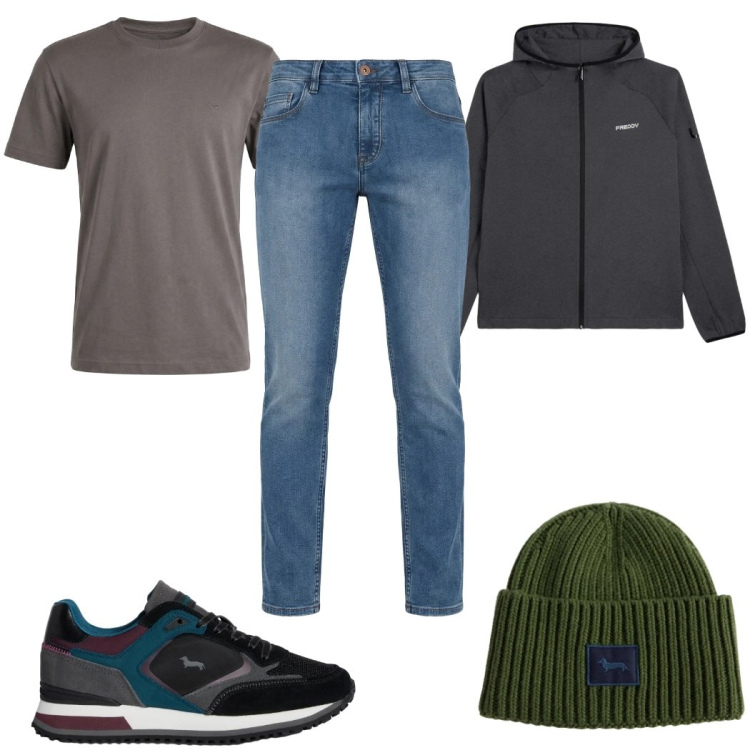 Outfit uomo - Total look #2348684. Stile Casual per Tutti i giorni. Abbinamento con jeans, sneakers, t-shirt, berretti, felpe con cappuccio.