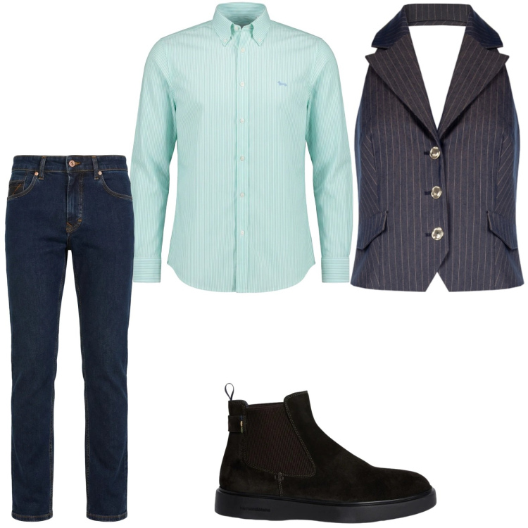 Outfit uomo - Stile dandy. Stile Trendy per Tutti i giorni. Abbinamento con jeans, stivali e stivaletti, camicie, gilet.