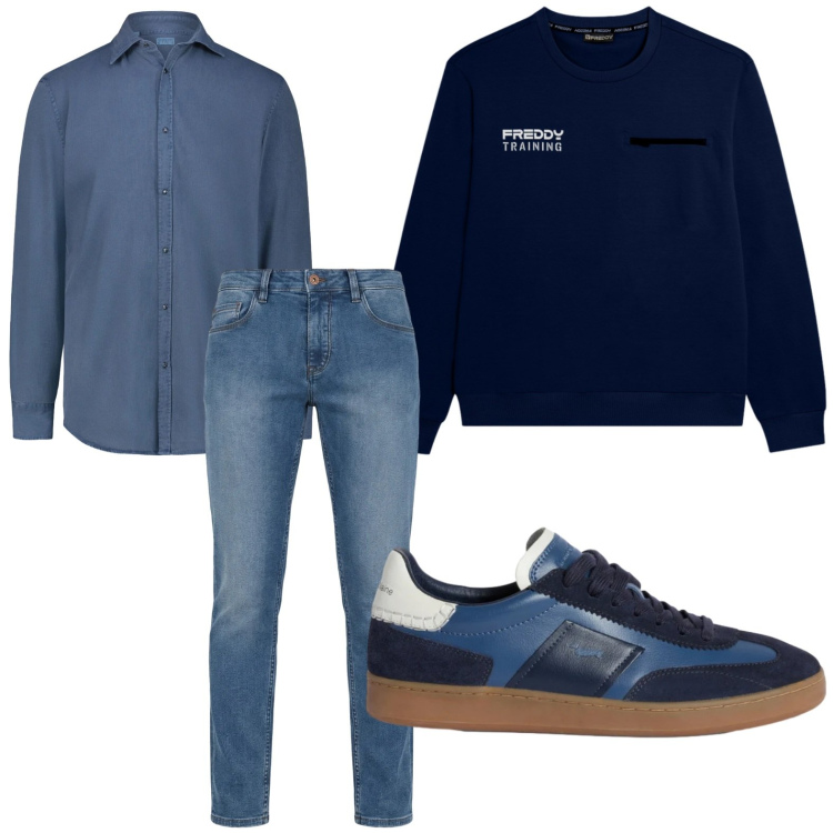 Outfit uomo - Tonalità blu. Stile Trendy per Tutti i giorni. Abbinamento con sneakers, jeans, felpe, camicie.