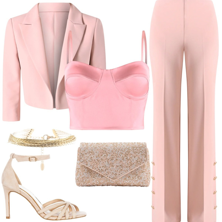 Outfit donna - Toni delicati a primavera. Stile Chic per Cerimonia. Abbinamento con braccialetti, pochette, pantaloni a palazzo, blazer, sandali col tacco, canottiere.