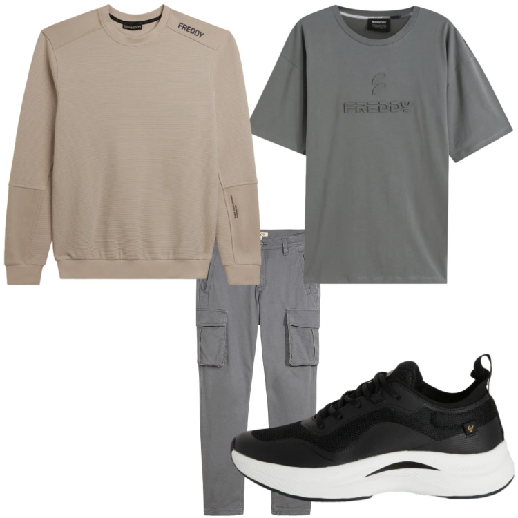 Outfit uomo - Minimal. Stile Trendy per Tutti i giorni. Abbinamento con pantaloni cargo, felpe, sneakers, t-shirt.