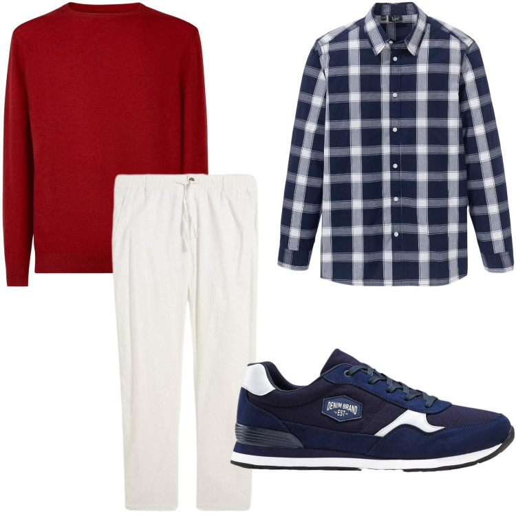 Outfit uomo - Quadri e sneakers. Stile Trendy per Tutti i giorni. Abbinamento con camicie, sneakers, pantaloni chino, maglieria.