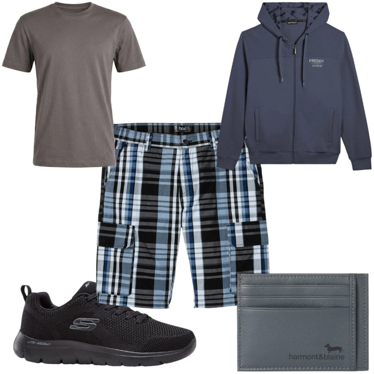 Outfit uomo - Total look #2348702. Stile Casual per Tutti i giorni. Abbinamento con bermuda, sneakers, portafogli, t-shirt, felpe con cappuccio.