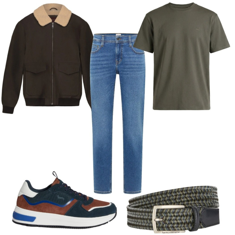 Outfit uomo - Total look #2348707. Stile Casual per Tutti i giorni. Abbinamento con jeans bootcut, sneakers, t-shirt, cinture, bomber.