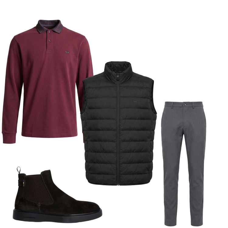 Outfit uomo - Total look #2348709. Stile Trendy per Ufficio. Abbinamento con pantaloni chino, polo, stivali e stivaletti, piumini.