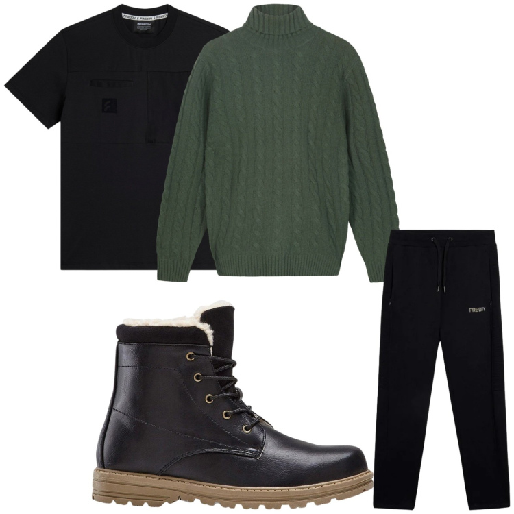 Outfit uomo - Minimal. Stile Trendy per Tutti i giorni. Abbinamento con stivali e stivaletti, pantaloni, t-shirt, maglieria.