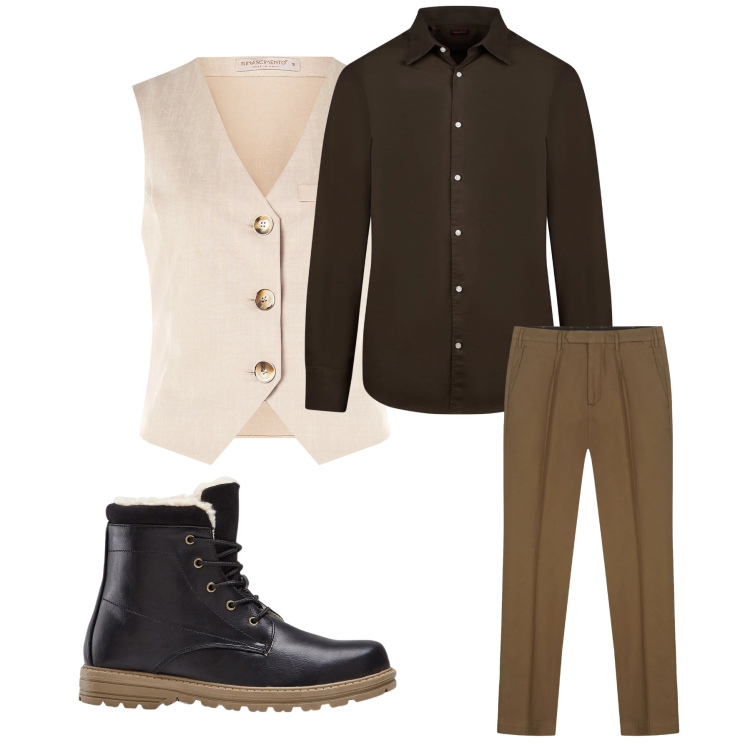 Outfit uomo - Total look #2348712. Stile Trendy per Tutti i giorni. Abbinamento con stivali e stivaletti, gilet, camicie, pantaloni.