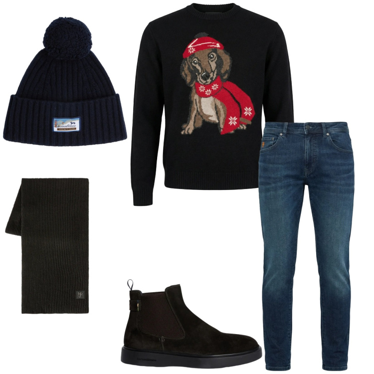 Outfit uomo - Total look #2348726. Stile Trendy per Serata speciale. Abbinamento con jeans slim fit, stivali e stivaletti, pullovers, berretti, sciarpe.