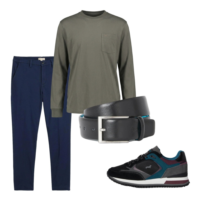 Outfit uomo - Febbraio. Stile Casual per Tutti i giorni. Abbinamento con pantaloni chino, t-shirt, sneakers, cinture.