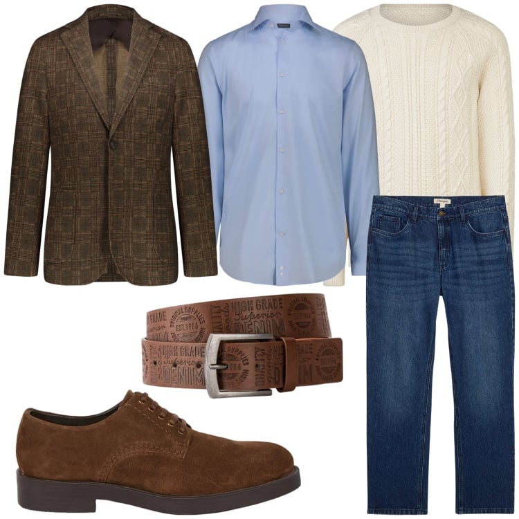 Outfit uomo - Casual. Stile Casual per Tutti i giorni. Abbinamento con cinture, jeans dritti, giacche, maglieria, scarpe stringate, camicie.