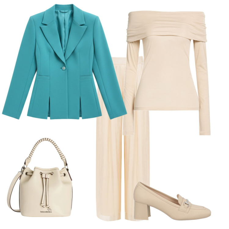 Outfit donna - Total look #2348730. Stile Casual chic per Cerimonia. Abbinamento con t-shirt, mocassini, borse a secchiello, blazer, pantaloni a palazzo.