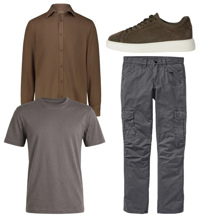 Outfit uomo - Total look #2348737. Stile Casual per Tutti i giorni. Abbinamento con pantaloni cargo, sneakers, t-shirt, camicie.