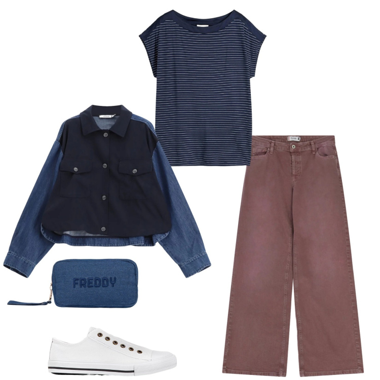 Outfit donna - Total look #2348738. Stile Casual chic per Tutti i giorni. Abbinamento con sneakers, maglieria, pochette, blazer, pantaloni a palazzo.