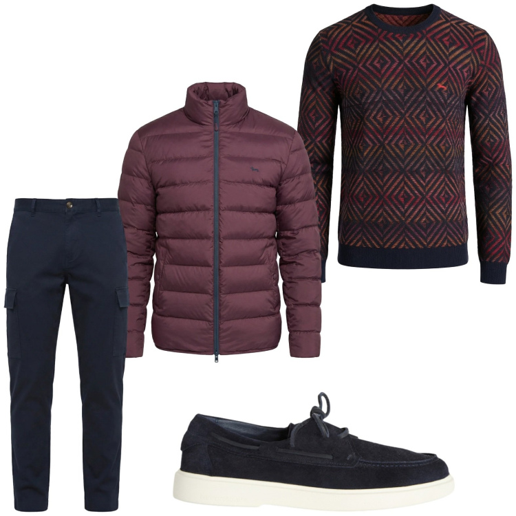 Outfit uomo - Il giubbotto prugna. Stile Trendy per Tutti i giorni. Abbinamento con pantaloni cargo, scarpe stringate, pullovers, bomber.