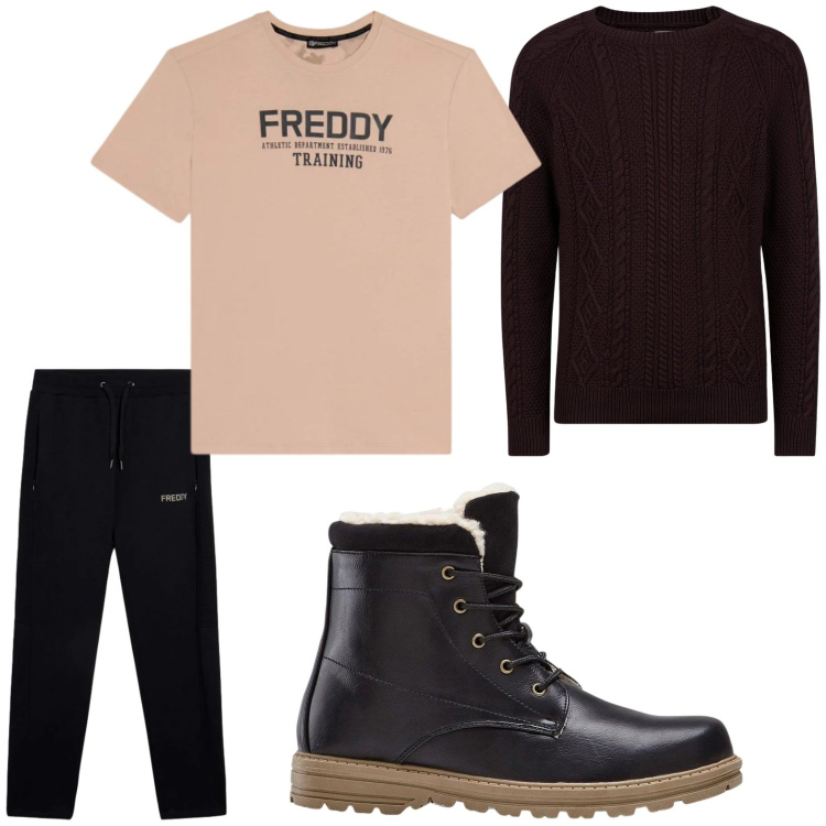 Outfit uomo - Sportivo. Stile Urban per Tutti i giorni. Abbinamento con stivali e stivaletti, pantaloni, t-shirt, maglieria.