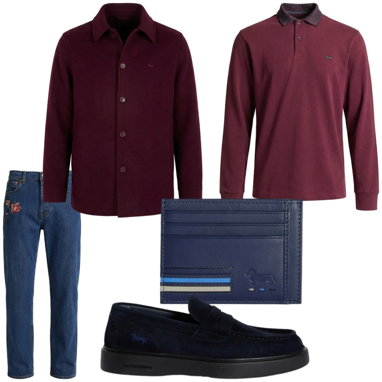 Outfit uomo - Tonalità calde. Stile Trendy per Tutti i giorni. Abbinamento con jeans, scarpe stringate, polo, portafogli, cappotti.