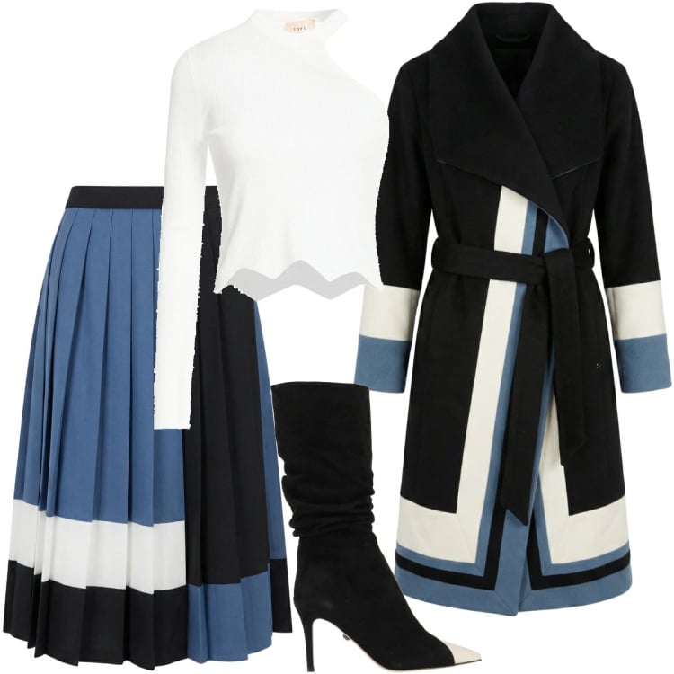 Outfit donna - Geometrie tricolore. Stile Trendy per Serata fuori. Abbinamento con top, stivali, cappotti, gonne longuette.