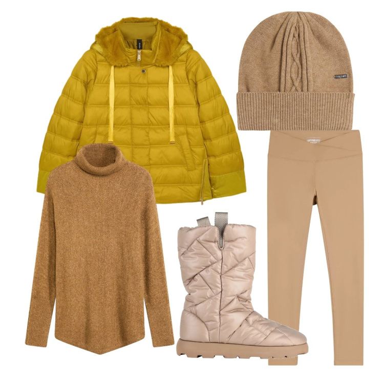 Outfit donna - Week end in montagna. Stile Minimal per Tutti i giorni. Abbinamento con stivaletti, maglieria, piumini, leggings, berretti.