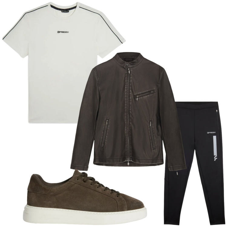 Outfit uomo - Sporty chic. Stile Trendy per Tutti i giorni. Abbinamento con sneakers, pantaloni, t-shirt sportive, giacche.