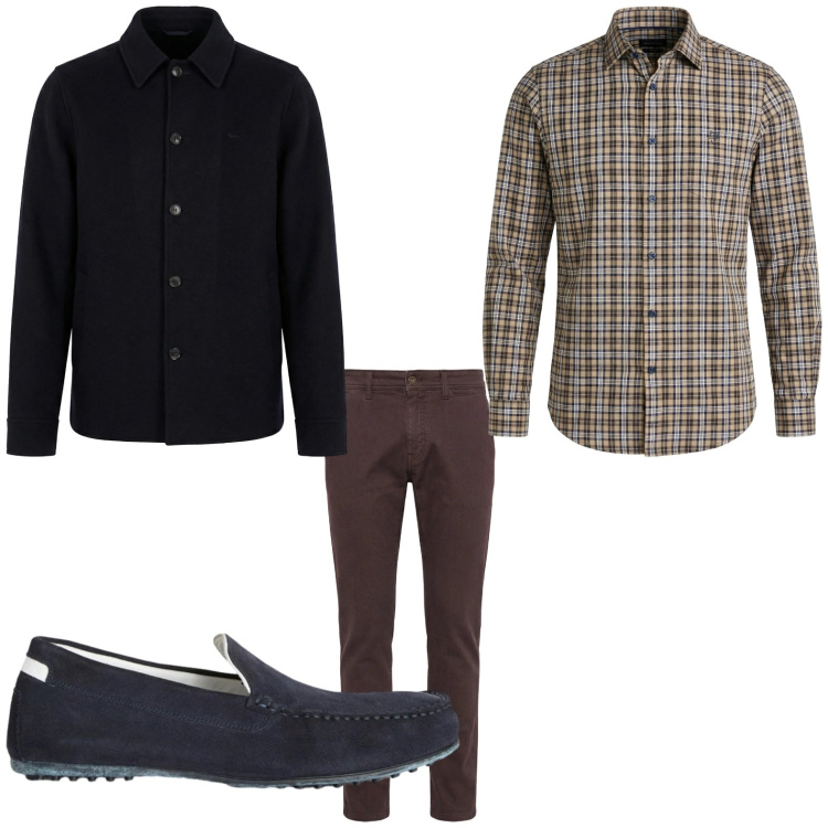 Outfit uomo - Tonalità scure. Stile Trendy per Tutti i giorni. Abbinamento con camicie, scarpe stringate, cappotti, pantaloni.