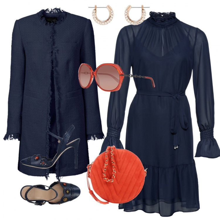 Outfit donna - Cerimonia in blu & arancio. Stile Chic per Cerimonia. Abbinamento con blazer, vestito chiffon, décolleté con fibbia e punta tonda tinta unita, borsa a tracolla mini effetto scamosciato con zip tinta unita, occhiali da sole arancione, orecchini rosa e oro.