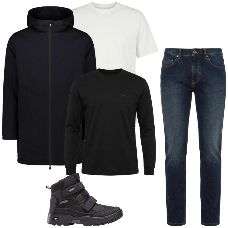 Outfit uomo - Total look #2348760. Stile Casual per Tutti i giorni. Abbinamento con stivali e stivaletti, jeans, t-shirt, t-shirt, parka.