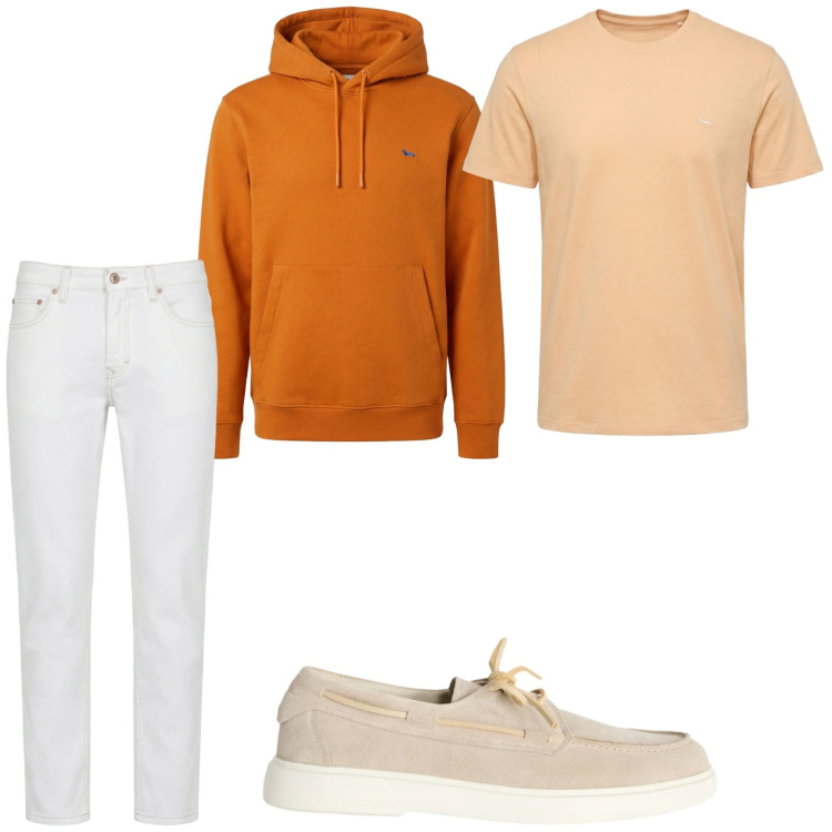 Outfit uomo - La felpa solare. Stile Casual per Tutti i giorni. Abbinamento con scarpe stringate, jeans, t-shirt, felpe con cappuccio.