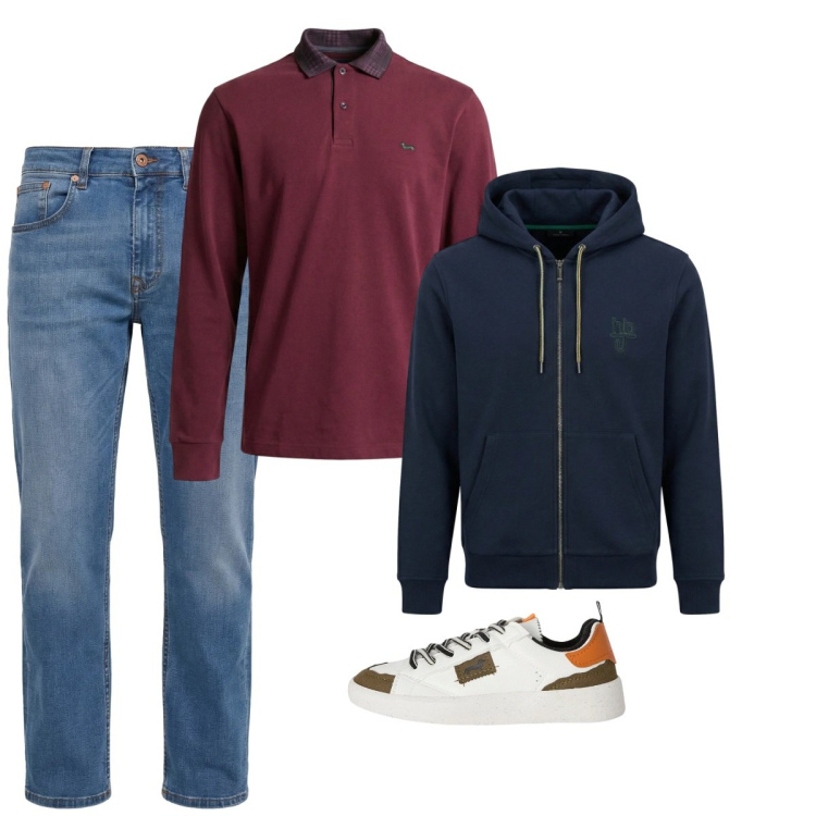 Outfit uomo - Febbraio. Stile Casual per Tutti i giorni. Abbinamento con sneakers, jeans, polo, felpe con cappuccio.