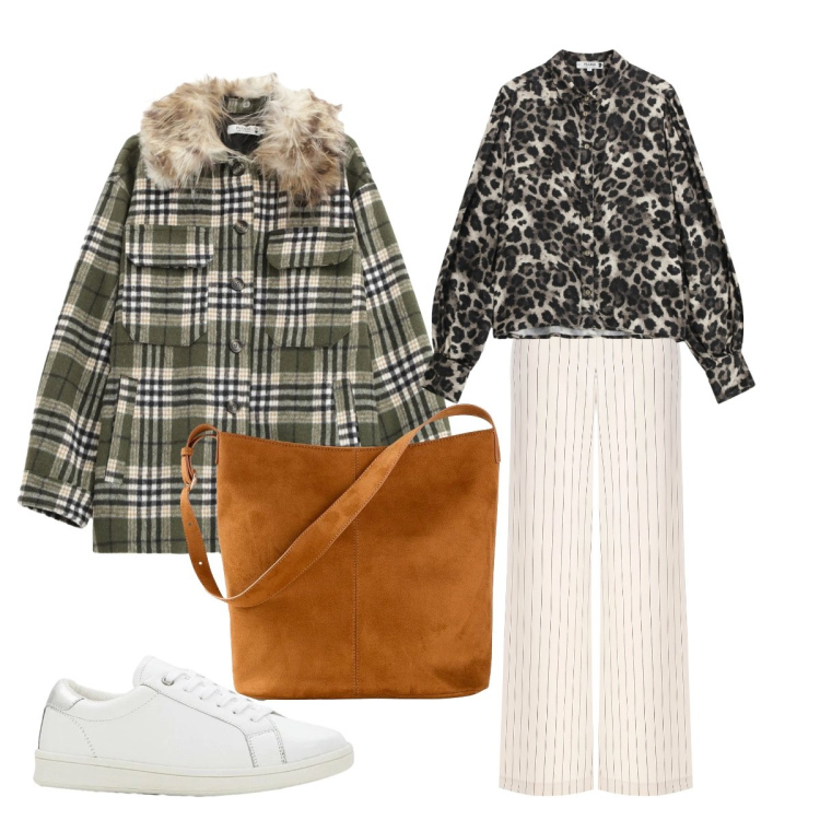 Outfit donna - Ufficio marzo Mix di fantasie. Stile Trendy per Ufficio. Abbinamento con sneakers, borse a mano, cappotti, camicie, pantaloni.