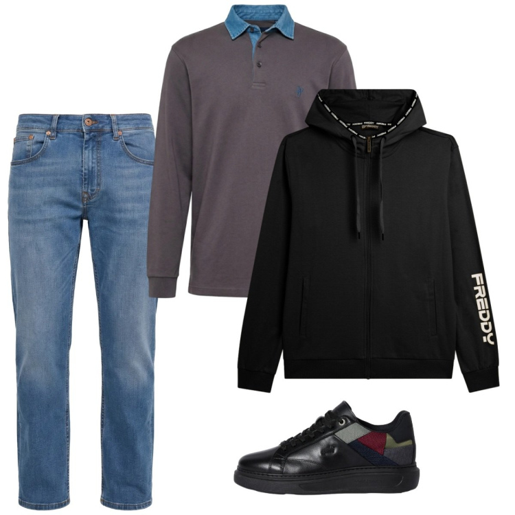 Outfit uomo - Febbraio. Stile Casual per Tutti i giorni. Abbinamento con jeans, sneakers, polo, felpe con cappuccio.