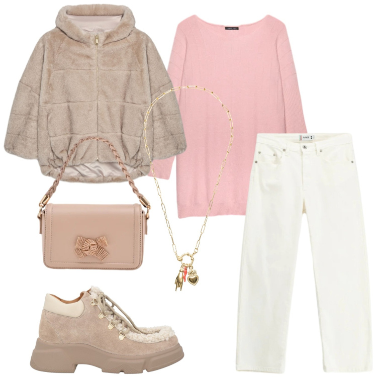 Outfit donna - Total look #2348775. Stile Casual per Tutti i giorni. Abbinamento con stivaletti, ecopellicce, maglieria, pantaloni, ciondoli, pochette.